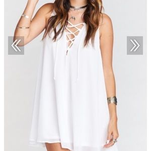 RANCHO MIRAGE LACE UP TUNIC DRESS ~ WHITE CHIFFON
